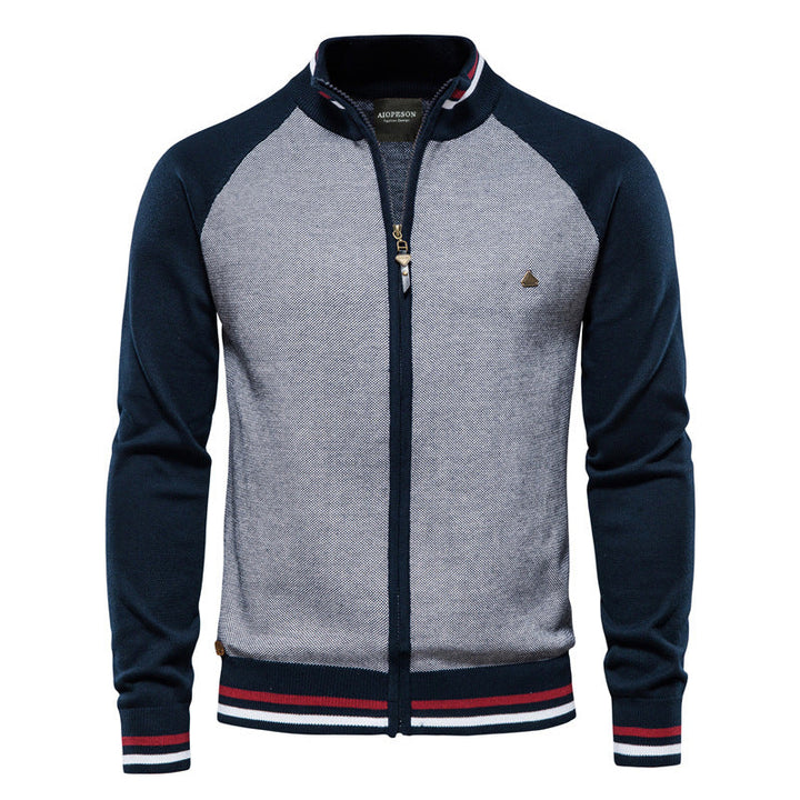 Men's Zip Knit Sweater with High Collar and Long Sleeves