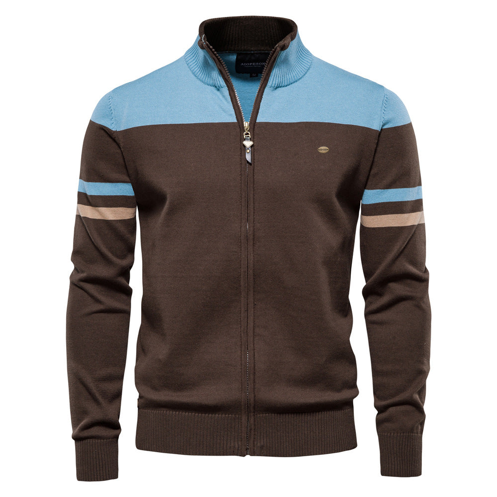 Men's Zip-Up Sweater with Contrast Stripes