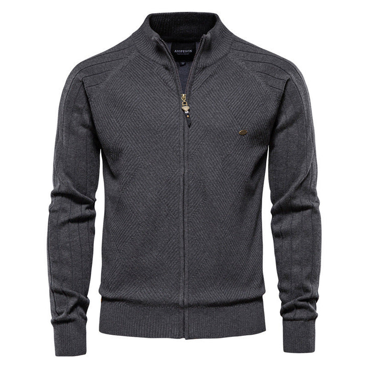 Men's Textured Knit Zip-Up Sweater with High Collar - Elena Harper