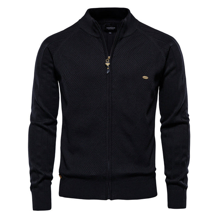 Men's Textured Knit Zip-Up Sweater with High Collar - Elena Harper
