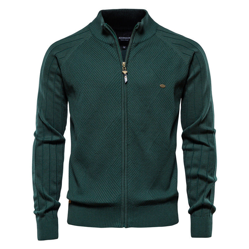 Men's Textured Knit Zip-Up Sweater with High Collar - Elena Harper