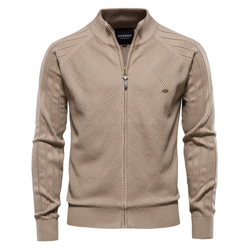 Men's Textured Knit Zip-Up Sweater with High Collar - Elena Harper