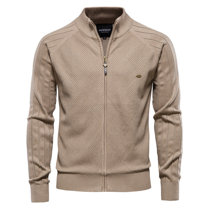 Men's Textured Knit Zip-Up Sweater with High Collar - Elena Harper