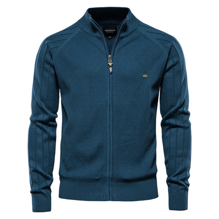 Men's Textured Knit Zip-Up Sweater with High Collar - Elena Harper