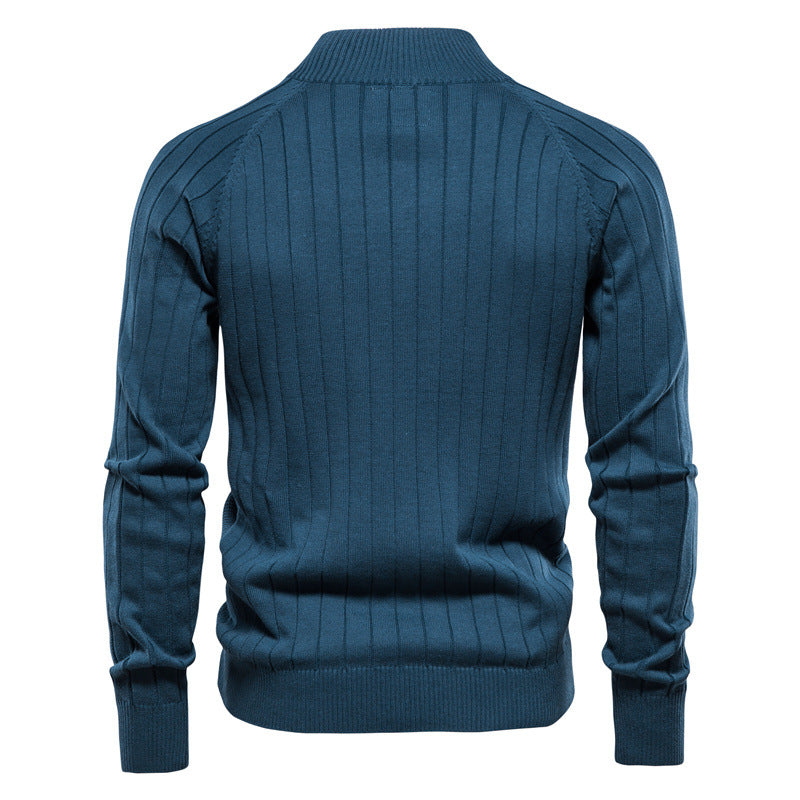 Men's Textured Knit Zip-Up Sweater with High Collar - Elena Harper