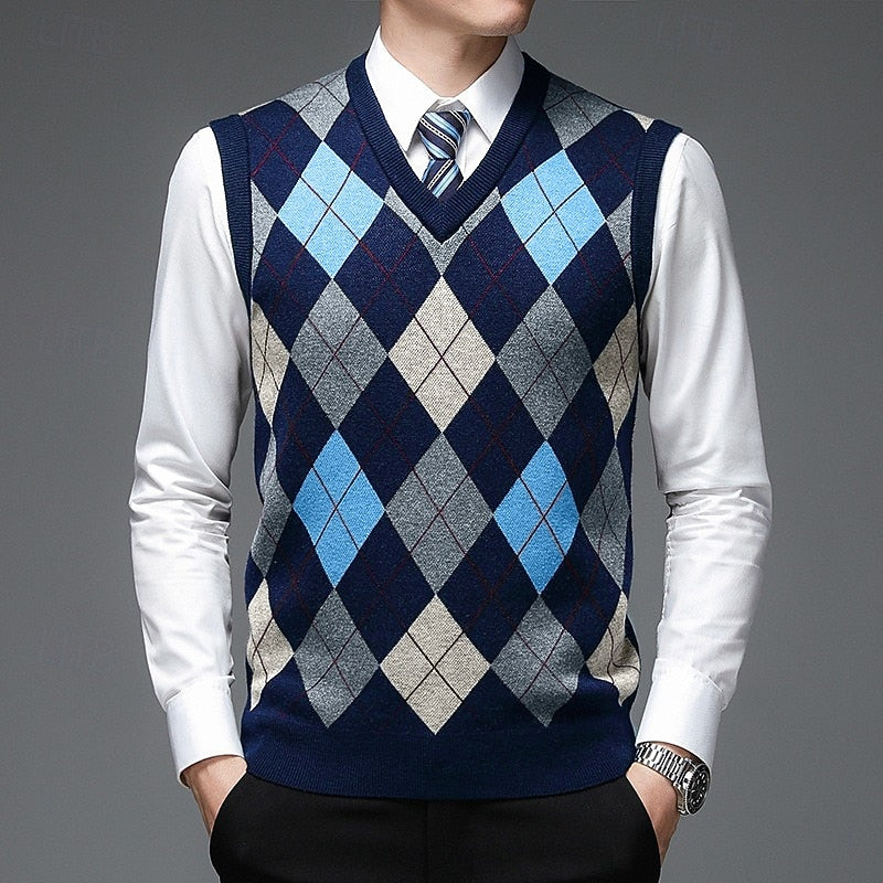 Men's Sleeveless V-Neck Knit Sweater with Diamonds