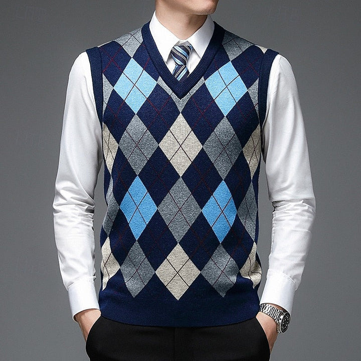 Men's Sleeveless V-Neck Knit Sweater with Diamonds