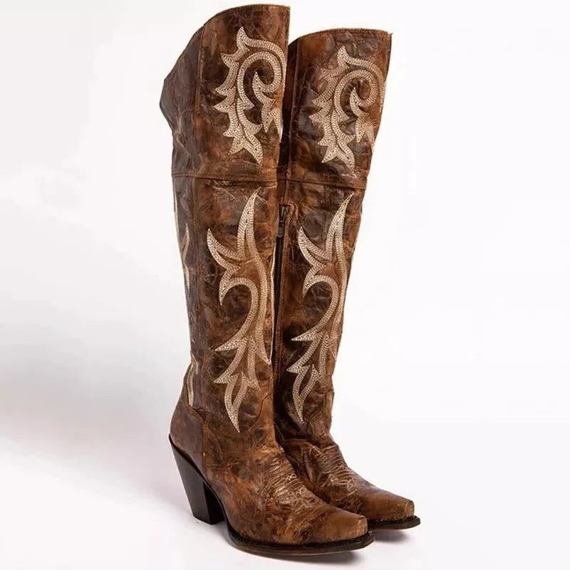 Block Heeled Boots with Embroidery and Pointed Toe for Women