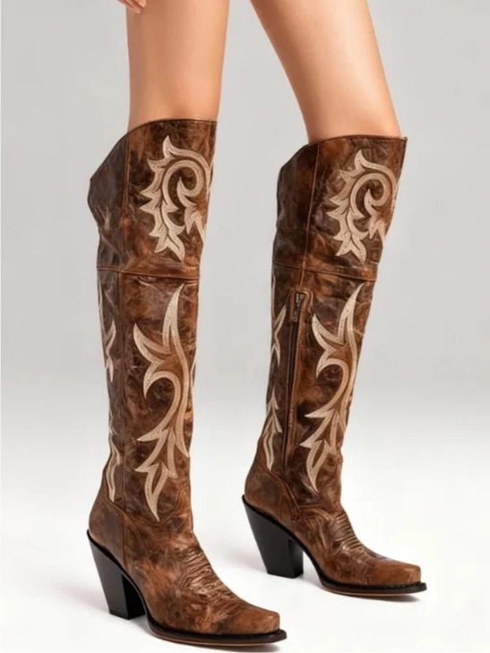 Block Heeled Boots with Embroidery and Pointed Toe for Women