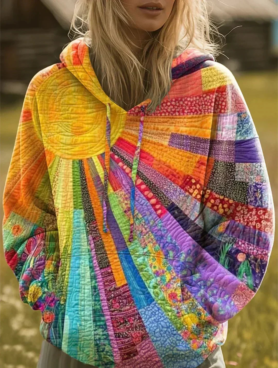 Dawnella Bohemian Multicolor Patchwork Hoodie - Elena Harper