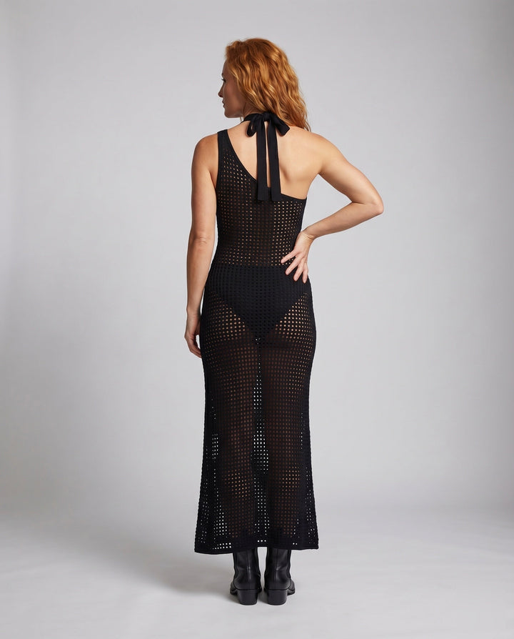 Women's Asymmetrical Crochet Maxi Dress with Elegant Choker Detail