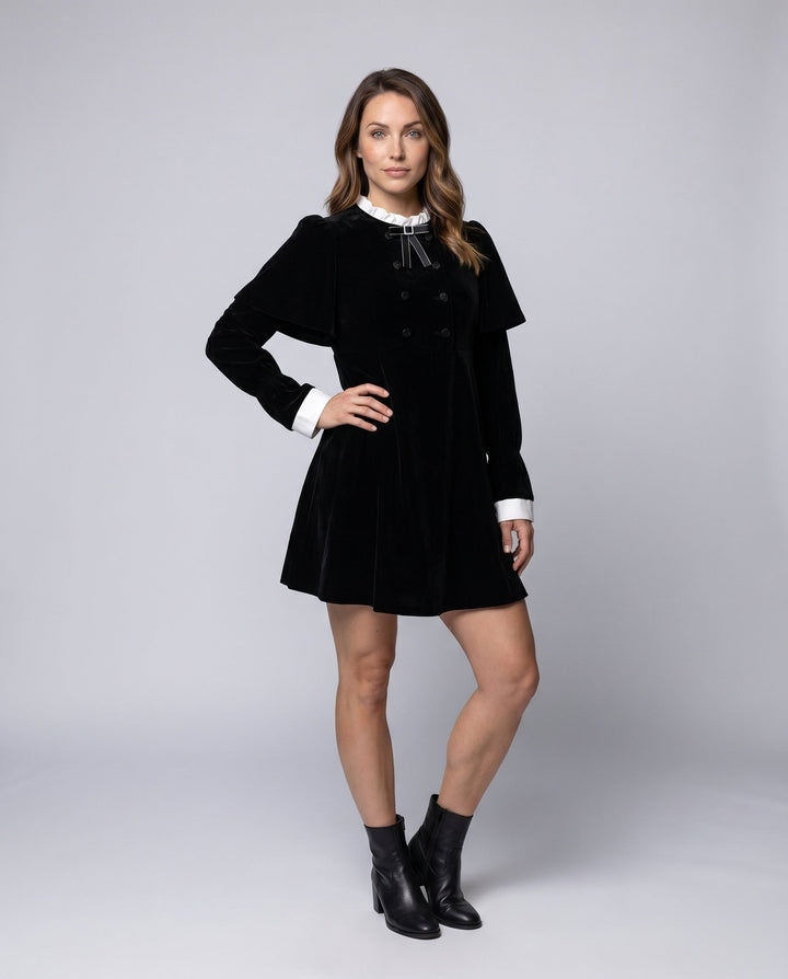 Women's Doctor Dress with Elegant Puff Sleeves and Contrasting Collar
