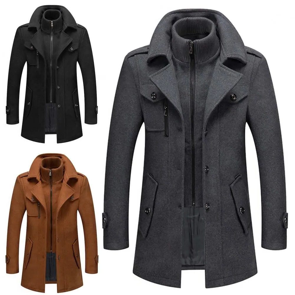 Winter Coat with Zipper and Notched Collar for Men