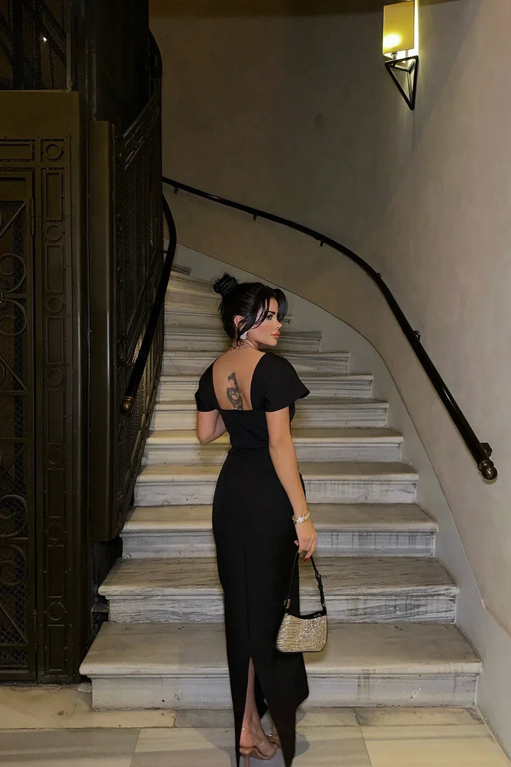 Draped Shoulder Maxi Dress Crystal Trim Evening Dress