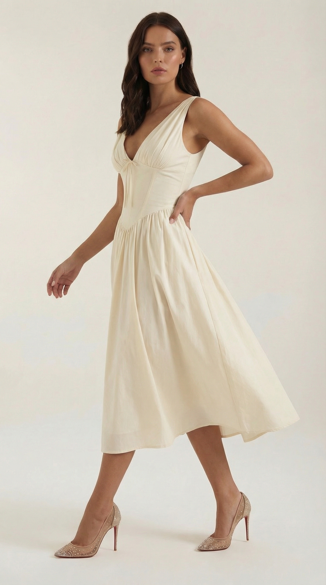 Elegant Midi Dress for Women – V-Neck Corset Style Flared with Straps