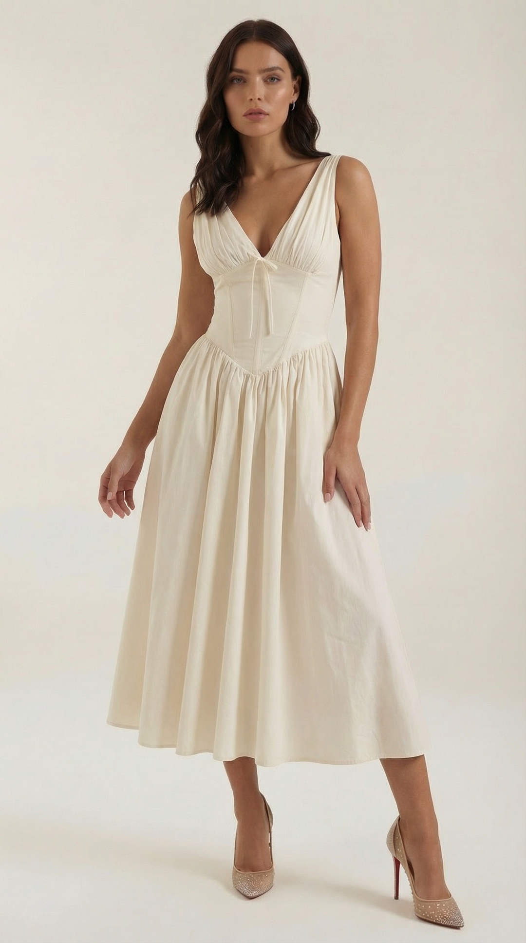 Elegant Midi Dress for Women – V-Neck Corset Style Flared with Straps