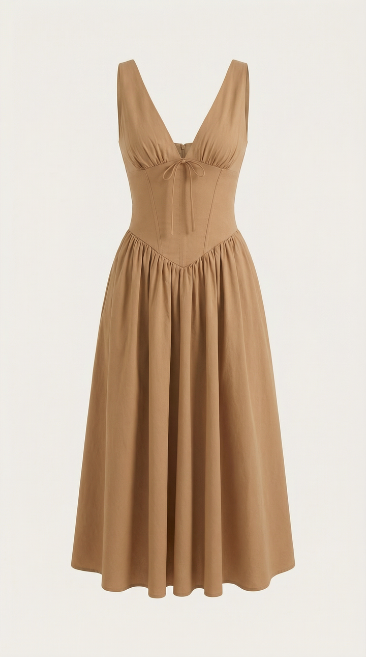 Elegant Midi Dress for Women – V-Neck Corset Style Flared with Straps