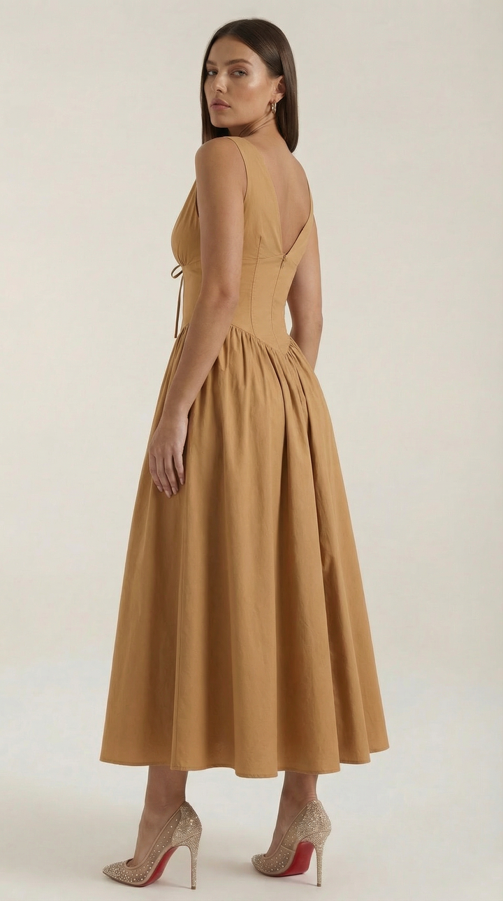 Elegant Midi Dress for Women – V-Neck Corset Style Flared with Straps