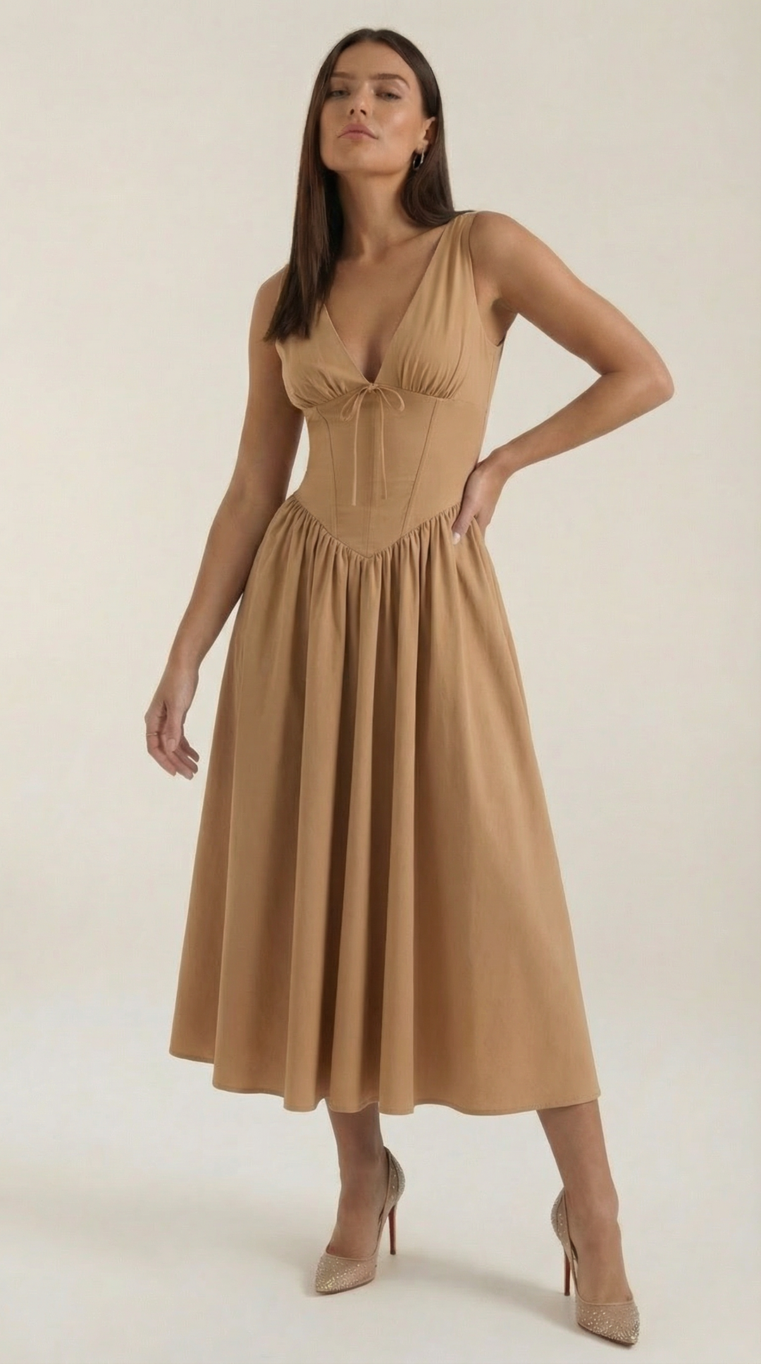 Elegant Midi Dress for Women – V-Neck Corset Style Flared with Straps