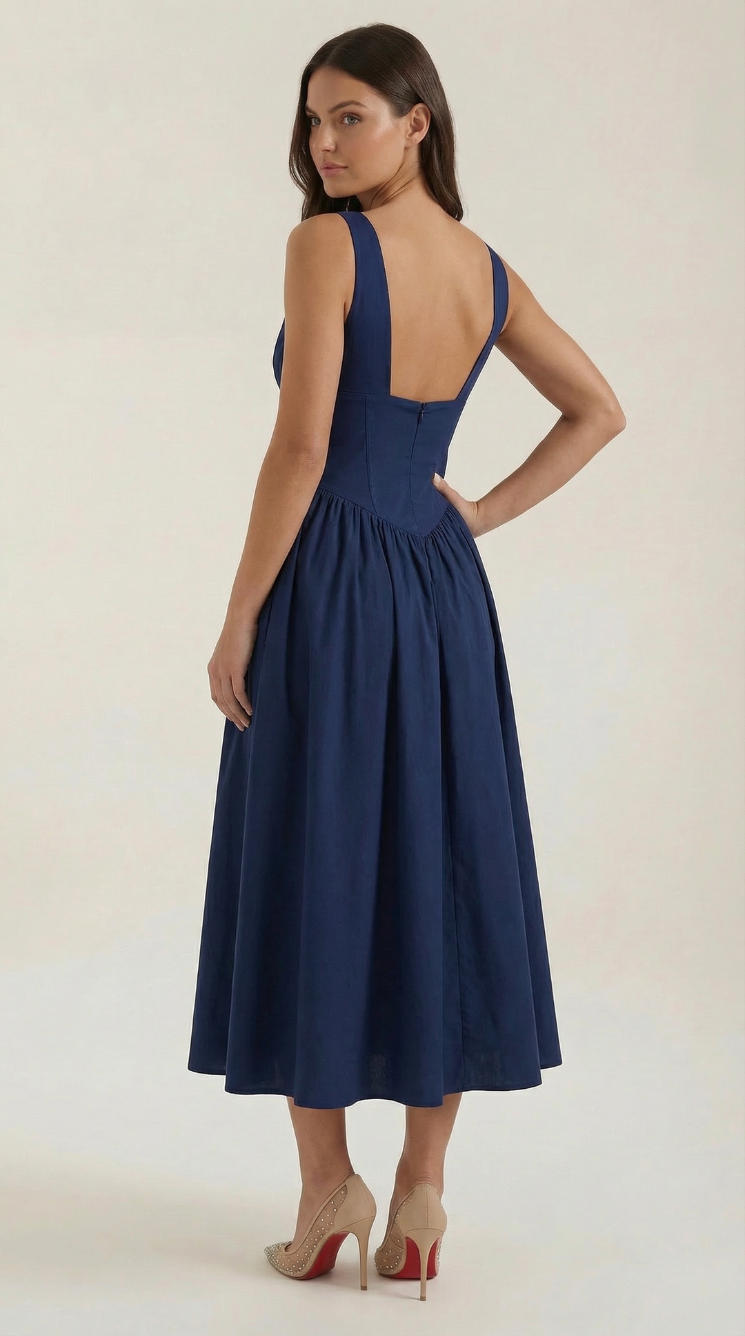 Elegant Midi Dress for Women – V-Neck Corset Style Flared with Straps