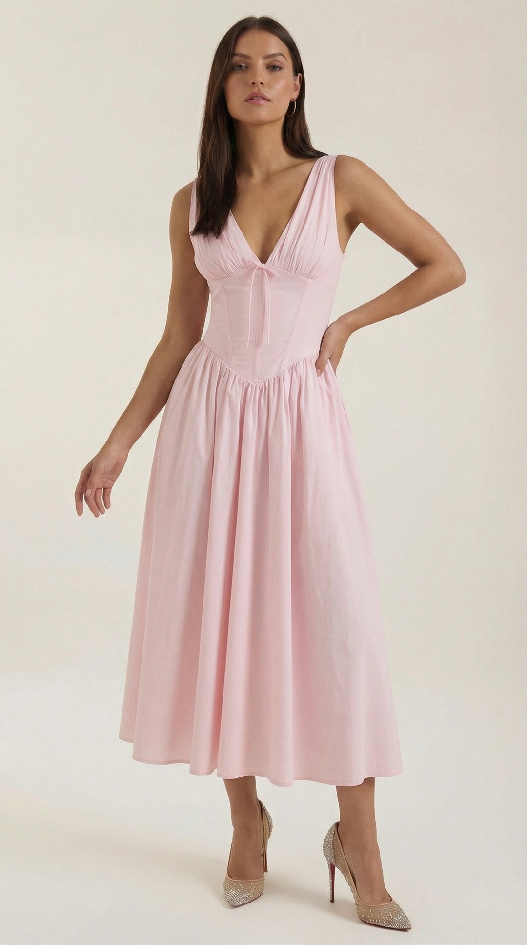 Elegant Midi Dress for Women – V-Neck Corset Style Flared with Straps