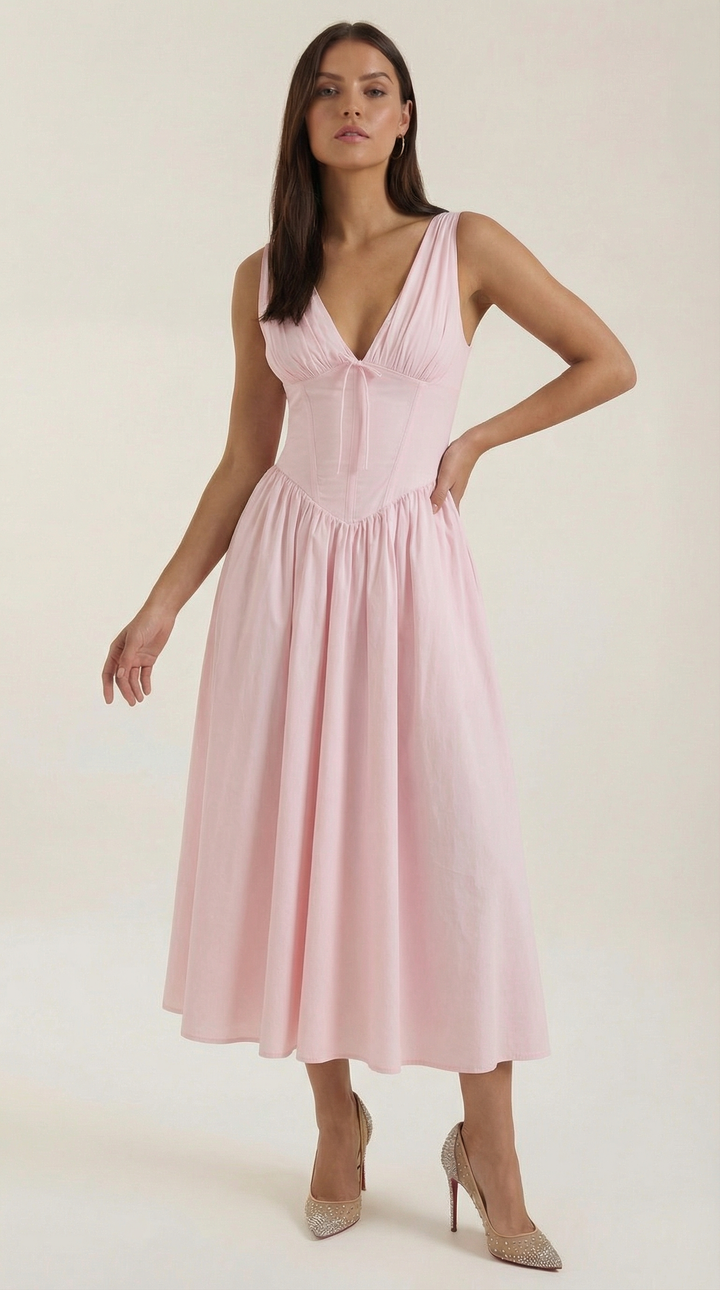 Elegant Midi Dress for Women – V-Neck Corset Style Flared with Straps