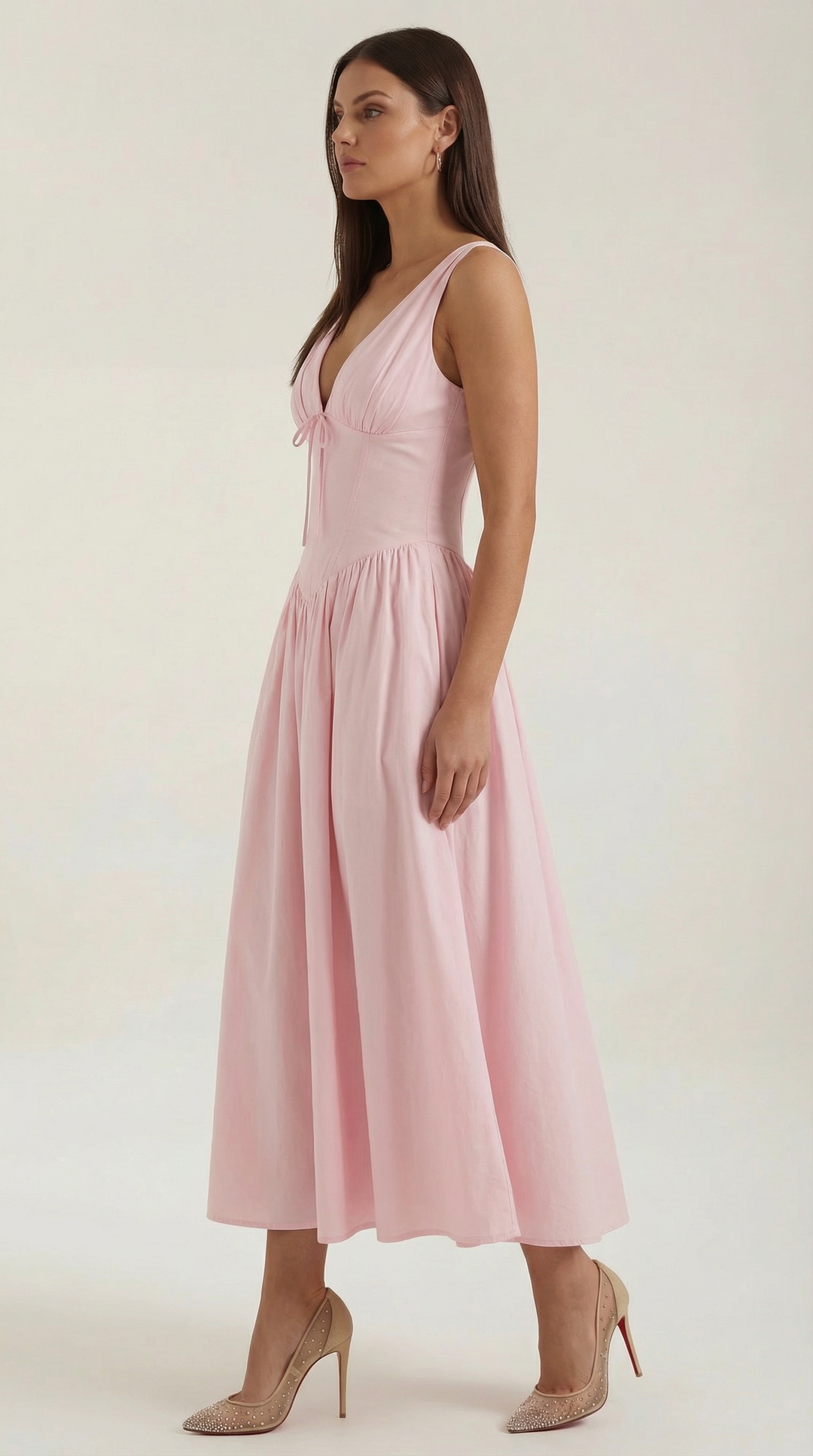 Elegant Midi Dress for Women – V-Neck Corset Style Flared with Straps