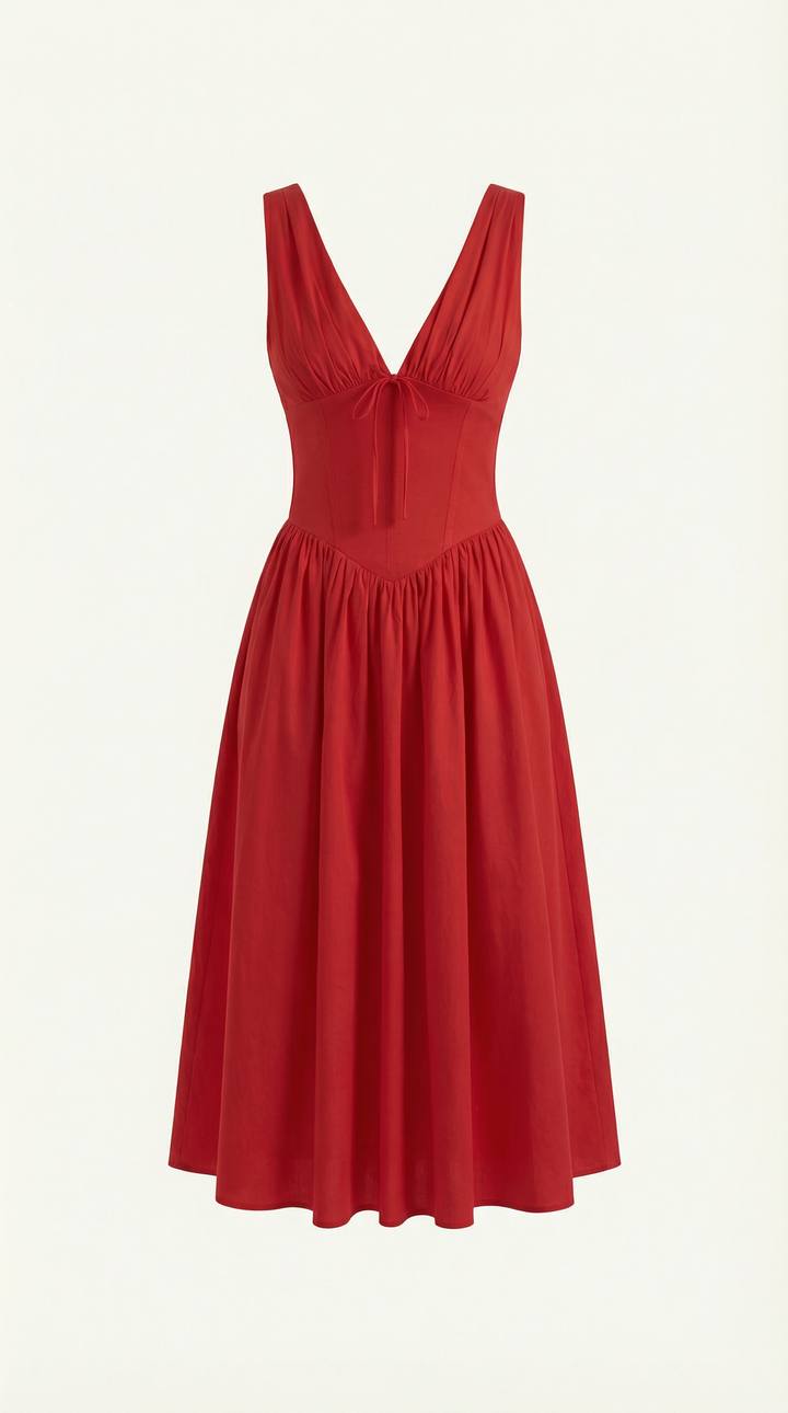 Elegant Midi Dress for Women – V-Neck Corset Style Flared with Straps