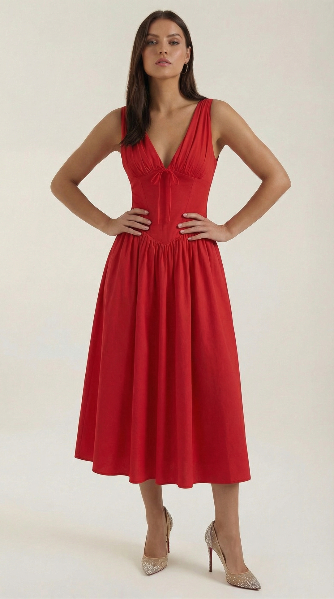 Elegant Midi Dress for Women – V-Neck Corset Style Flared with Straps