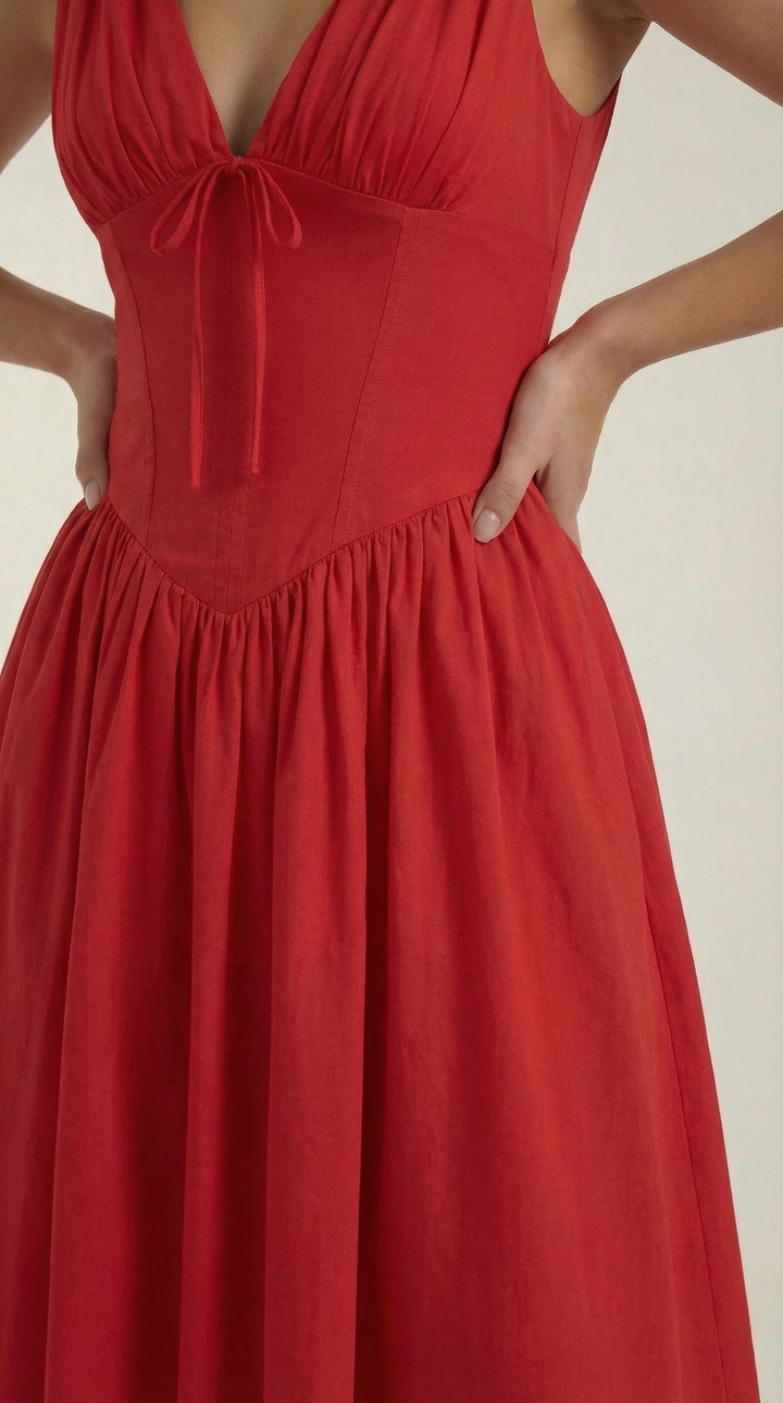 Elegant Midi Dress for Women – V-Neck Corset Style Flared with Straps