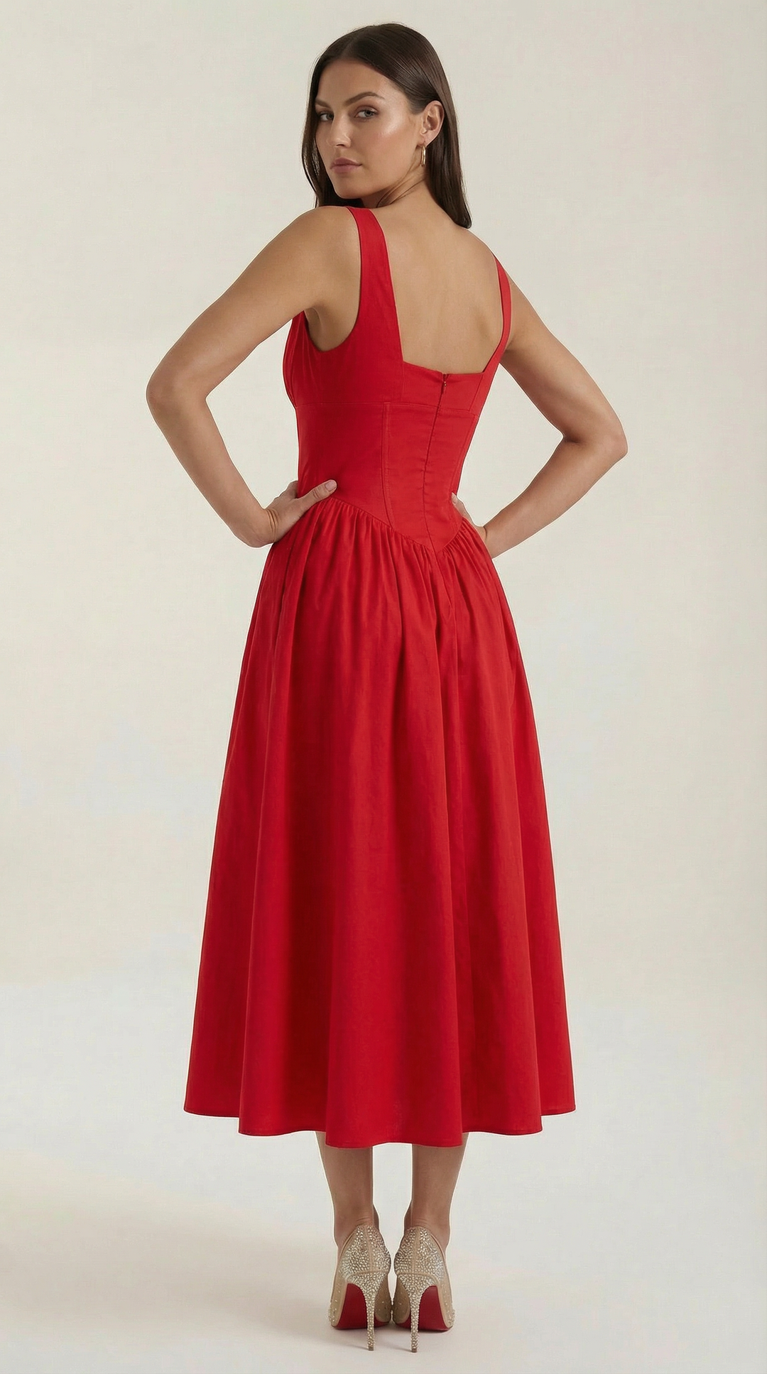 Elegant Midi Dress for Women – V-Neck Corset Style Flared with Straps