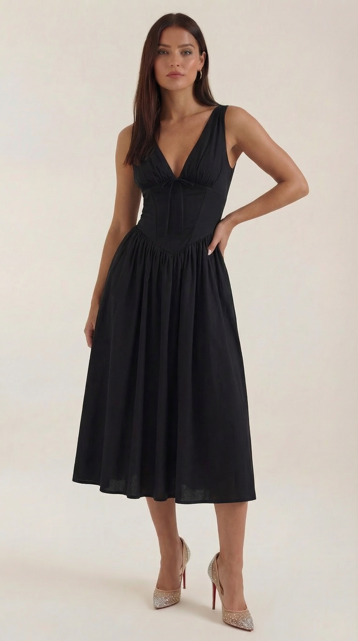 Elegant Midi Dress for Women – V-Neck Corset Style Flared with Straps