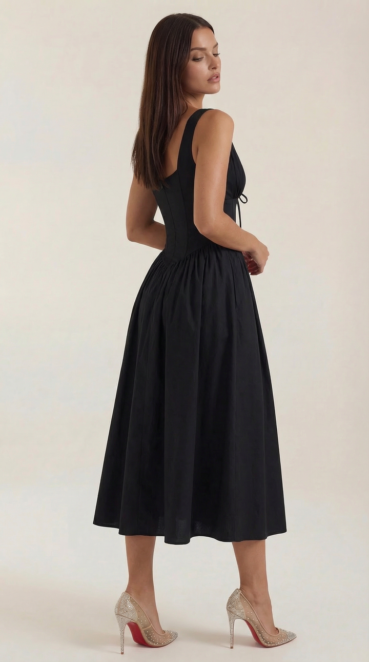 Elegant Midi Dress for Women – V-Neck Corset Style Flared with Straps