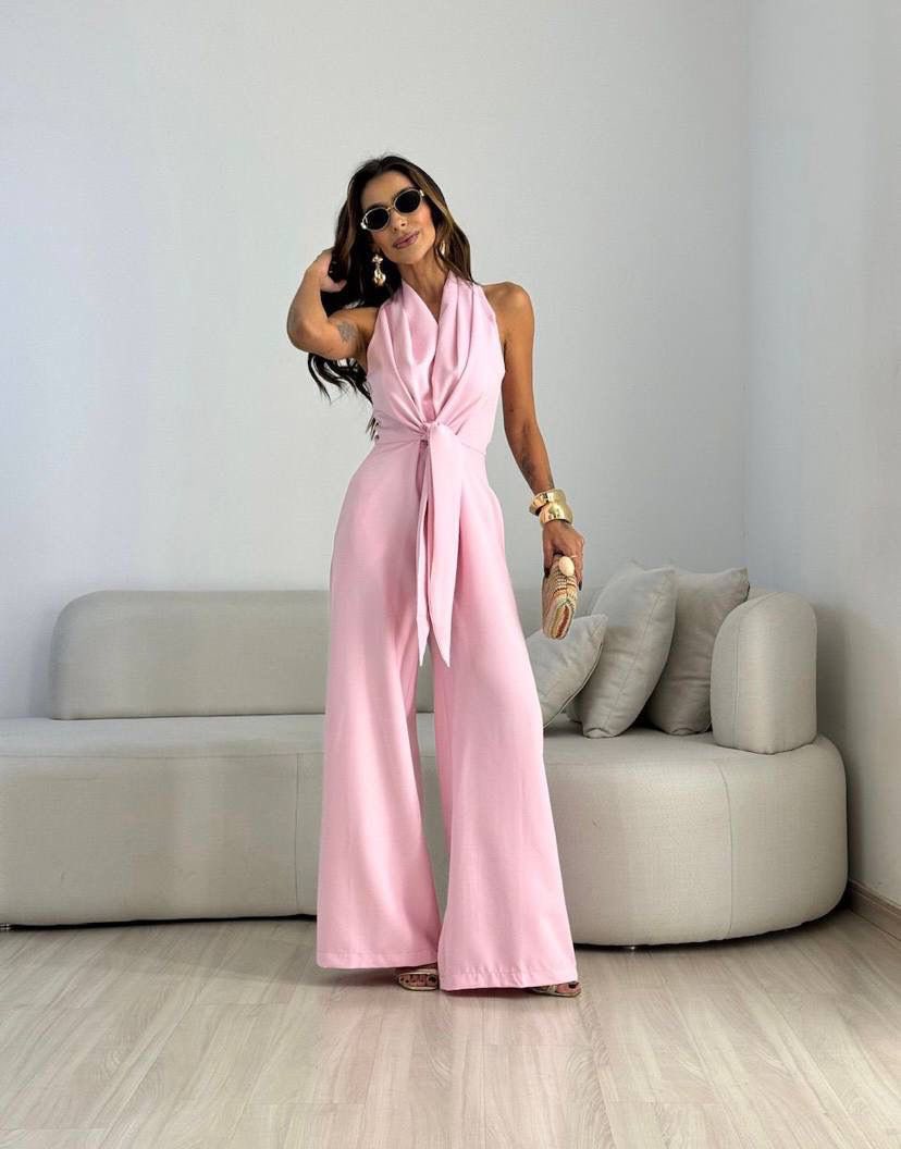 Women's Fluid Jumpsuit with Draped Neckline and Tied Waist - Elegant Cut