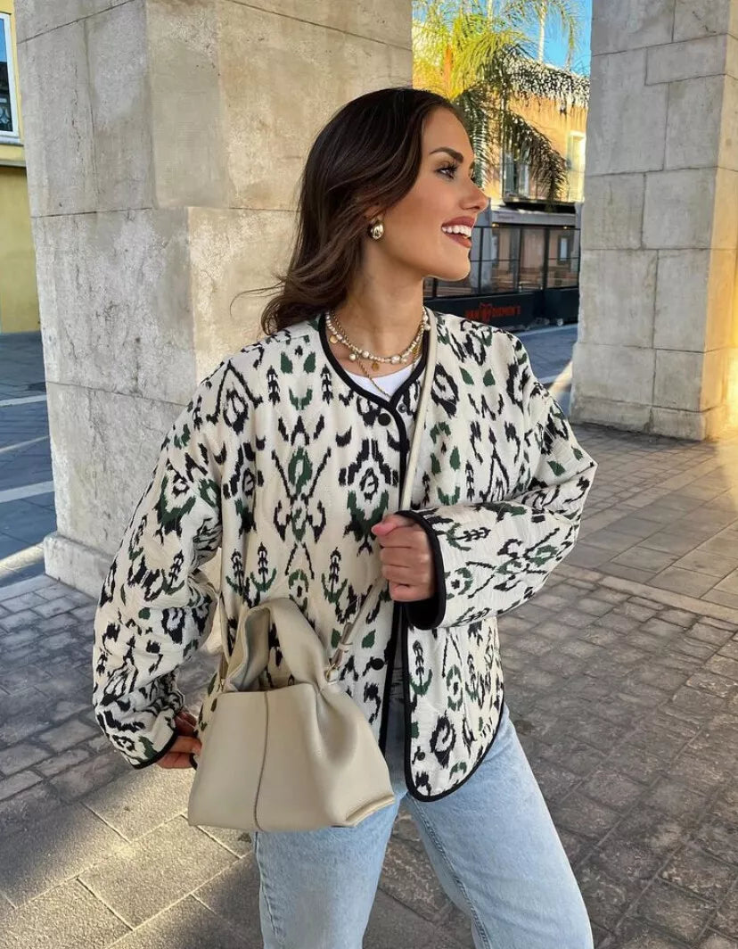 Geometric Print Quilted Thin Jacket, view 2 - Elena Harper