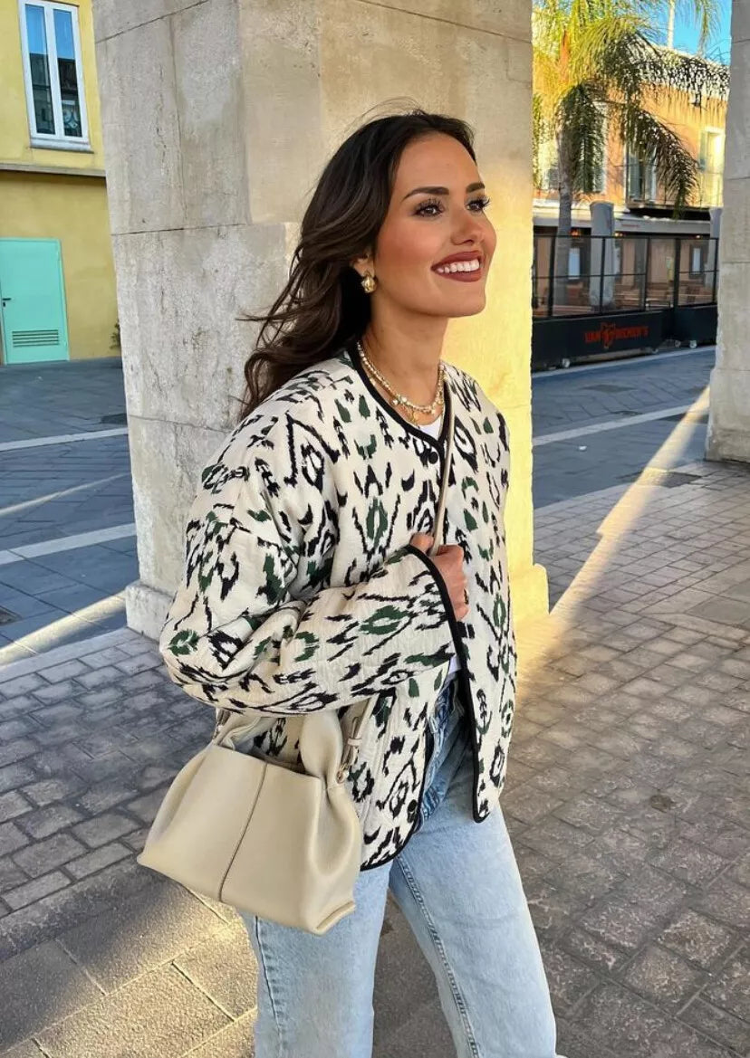 Geometric Print Quilted Thin Jacket, view 3 - Elena Harper