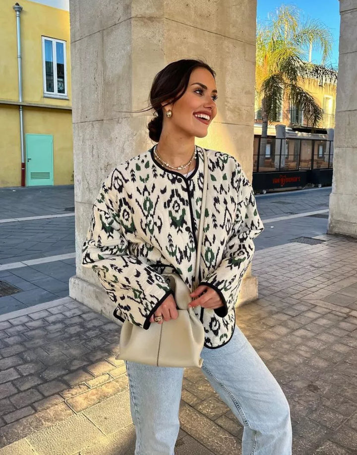 Geometric Print Quilted Thin Jacket, view 6 - Elena Harper