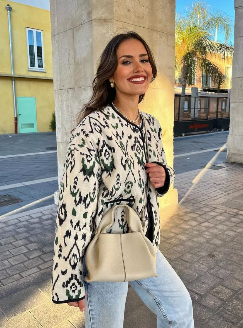 Geometric Print Quilted Thin Jacket, view 4 - Elena Harper