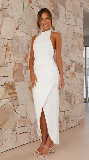 Women's Elegant Pleated Midi Dress with Open Back