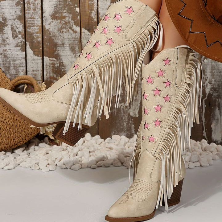 Fringed Western Boots with Embroidered Stars and Pointed Toe