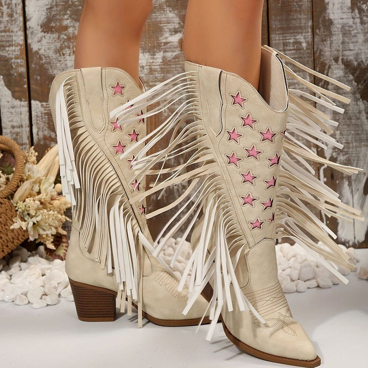 Fringed Western Boots with Embroidered Stars and Pointed Toe