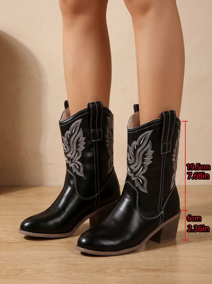 Embroidered ankle boots with block heel and round toe