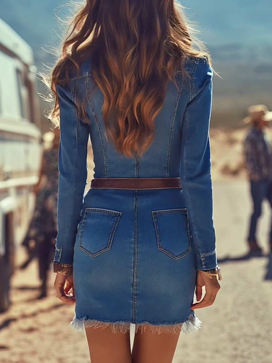 Fashion Casual Button Denim Blue Long Sleeve Raw Edge Mini Dress