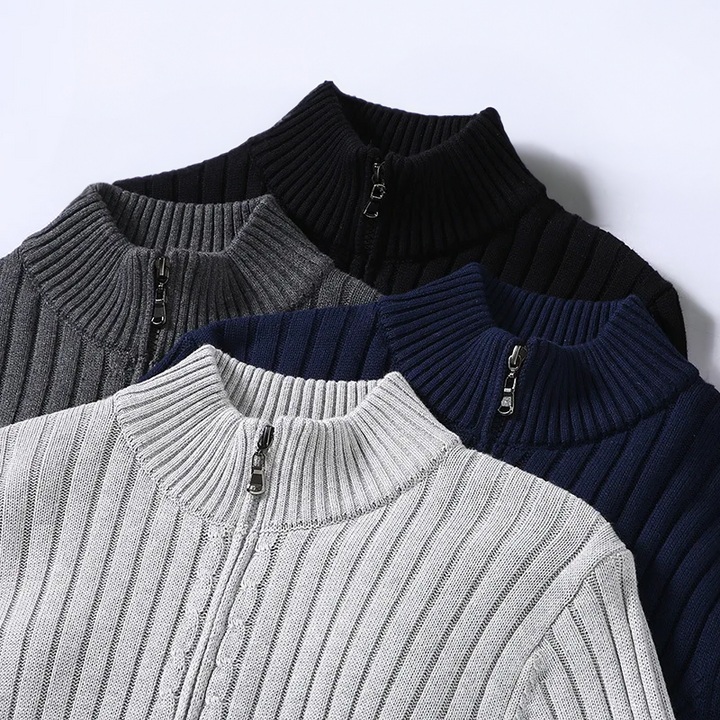 Men's Ribbed Knit Zip Cardigan – Classic Pullover with Zipper