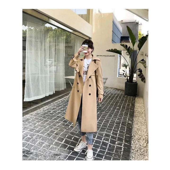 Long Women's Trench Coat with Double Button Closure
