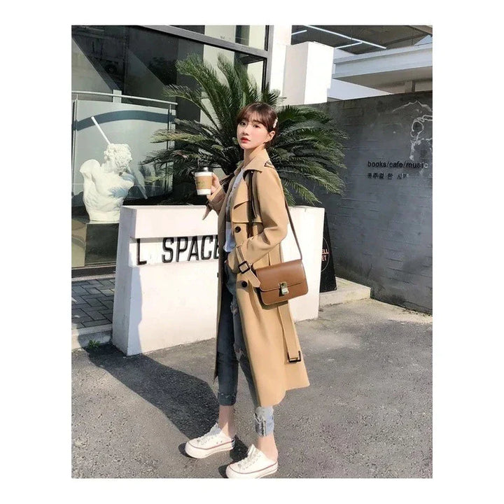 Long Women's Trench Coat with Double Button Closure