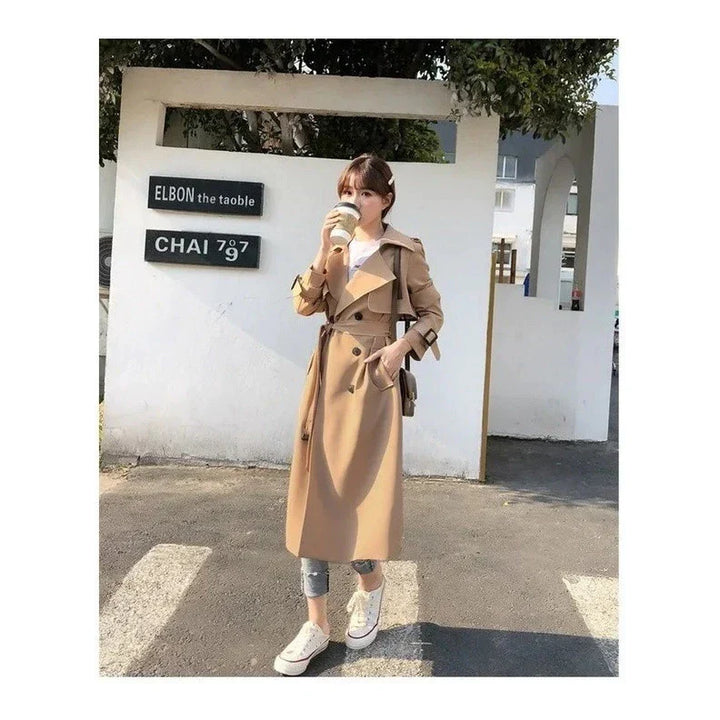 Long Women's Trench Coat with Double Button Closure