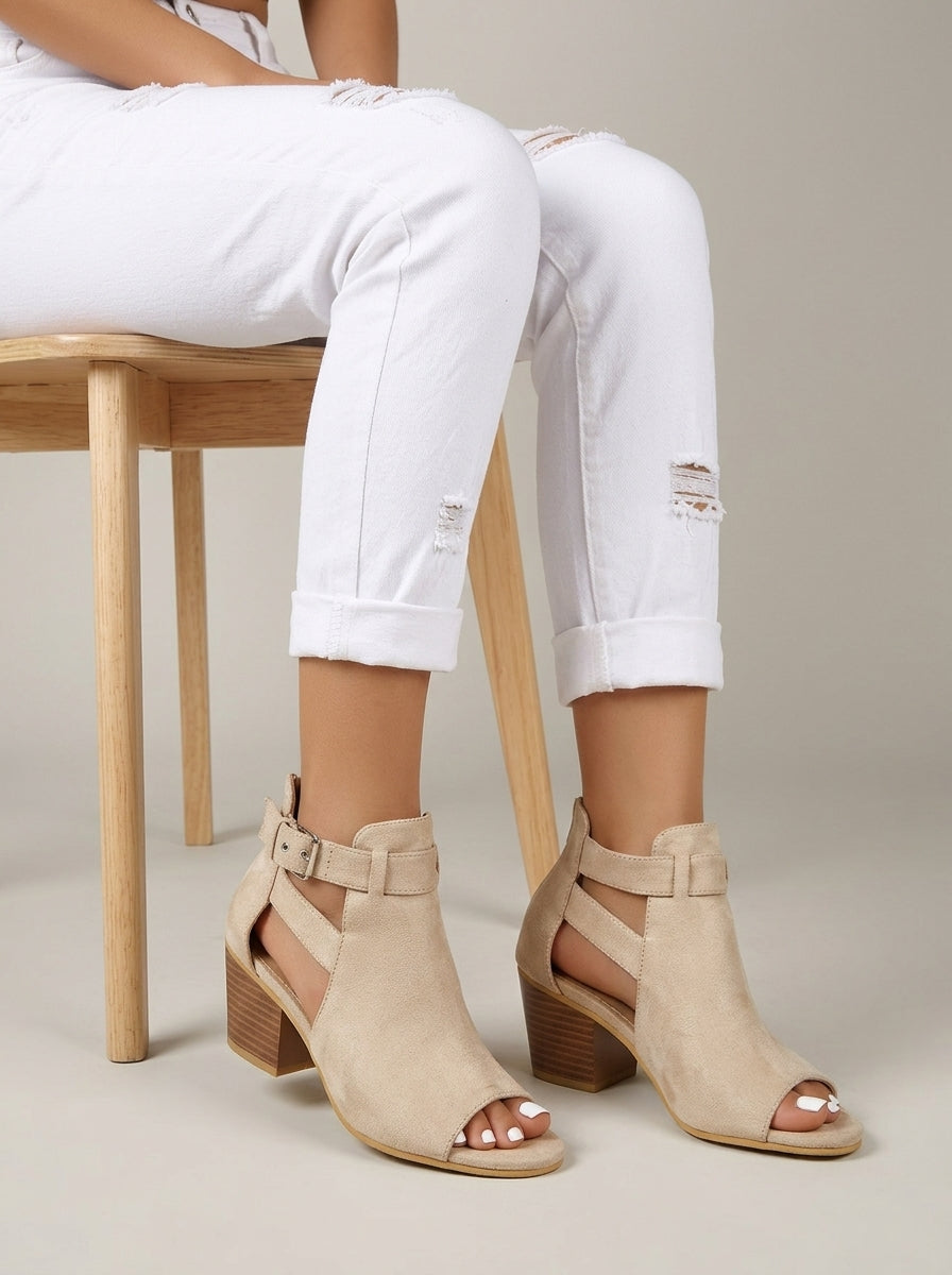 Women's Peep Toe Block Heel Sandals with Ankle Buckle Strap