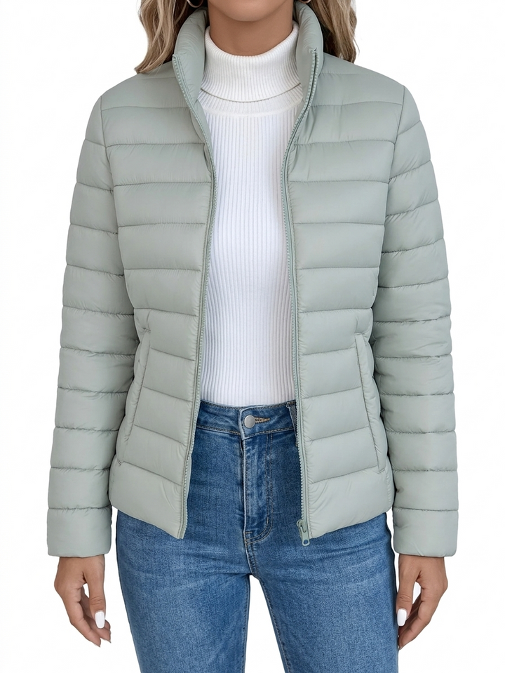 Loryta Quilted Puffer Jacket with Stand-Up Collar and Zipper - Elena Harper