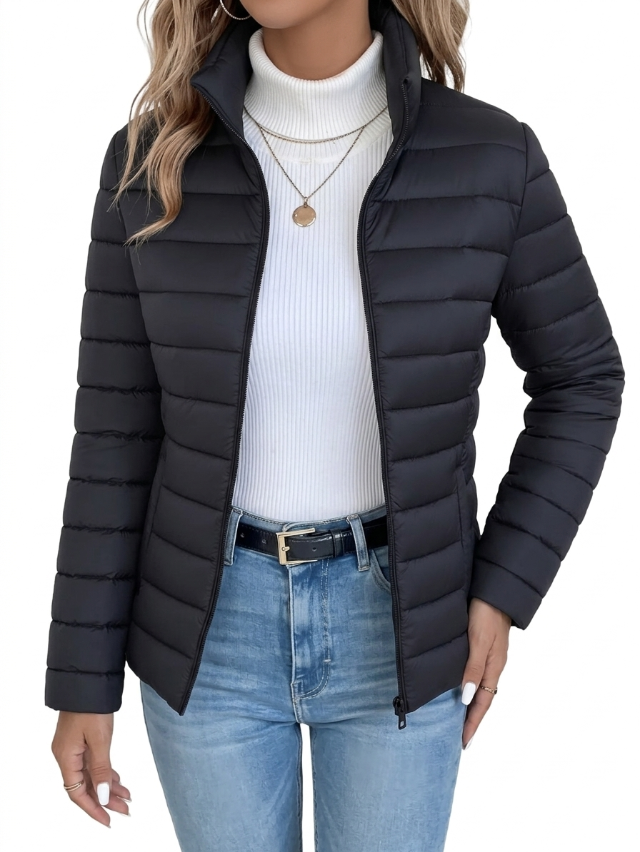 Loryta Quilted Puffer Jacket with Stand-Up Collar and Zipper, view 2 - Elena Harper